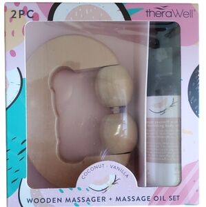 Therawell Coconut-Vanilla Wooden Massager & Massage Oil Set - Brown